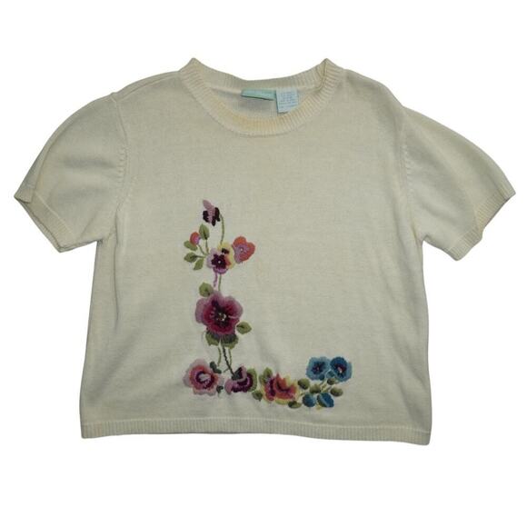 220 Hickory Cream Embroidered Floral Short Sleeve Sweater Top L Ramie Cotton - Picture 3 of 5